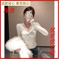 批发地球店法式辣妹交叉蕾丝v领长袖T恤薄绒纯欲风修身内搭打底衫上衣