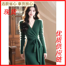 批发韩国高级仿貂毛轻奢V领系带绑带针织毛衣<b class='q'>连衣裙</b>秋冬气质高腰收腰