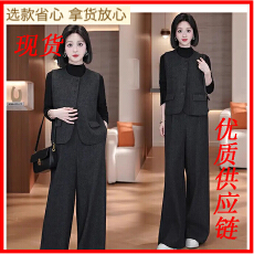 批发时尚套装女秋新款洋气质减龄休闲马甲阔腿裤打底衫三件套