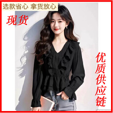 批发黑色雪纺衬衫<b class='q'>夏季</b>女2025年新款爆款小衫独特超好看荷叶边v领上衣