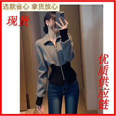 批发独特别致灰色撞色卫衣女2025秋冬气质名媛高级感时髦洋气拉链上衣