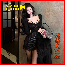 批发御姐辣妹<b class='q'>套装</b>裙女秋季设计感黑色<b class='q'>蕾丝</b>鱼骨长袖上衣包臀皮裙短裙子