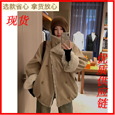 批发<b class='q'>夏</b>诗文 拼接环保仿羊羔绒绗棉派克服女冬大翻领宽松落肩工装外套