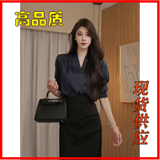 批发2025春秋新款高级感醋酸缎面V领衬衫女法式气质上衣正装<b class='q'>职业</b>衬衣