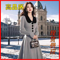 批发<b class='q'>韩国</b>复古POLO翻领收腰加厚针织毛衣<b class='q'>连衣裙</b>名媛小洋装过膝长裙