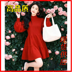 批发韩国圣诞节本命年新年过年战袍穿搭气质红色<b class='q'>灯笼</b>袖针织毛衣<b class='q'>连衣裙</b>