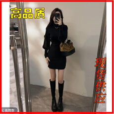 批发复古冬季<b class='q'>灯笼</b>袖半高领<b class='q'>连衣裙</b>秋冬裙子褶皱收腰短裙