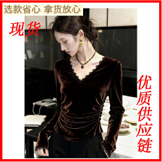 批发法式<b class='q'>复古</b>咖色蕾丝花边v领丝绒衬衫女秋冬<b class='q'>复古</b>高级感修身打底上衣