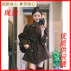 批发复古高级感立领毛呢<b class='q'>外套</b>秋冬新款系带收腰显瘦气质棕色<b class='q'>大</b>衣