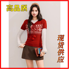 批发费尔岛提花圆领套头短袖针织衫女春秋冬季慵懒风设计感叠穿上衣