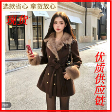 批发画解WAHJU古着秀场千金氛围感系带收腰双排扣毛呢外套0038W