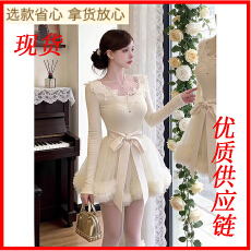 批发温柔风气质蝴蝶结网纱<b class='q'>连衣裙</b>女装2026春季新款性感礼服约会蓬蓬裙