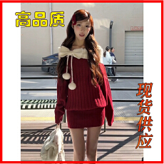 批发圣诞穿搭红色毛衣<b class='q'>连衣裙</b>女秋冬季蝴蝶结毛球针织衫宽松<b class='q'>一字肩</b>上衣