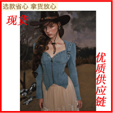 批发LaceMade 丹宁骑士 法式<b class='q'>牛仔</b>设计感蓝色长袖鱼骨上衣百搭修身外套