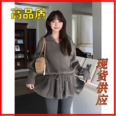 批发韩系慵懒风羊绒v领针织毛衣女两件套装抽绳<b class='q'>短</b>裙2025秋冬新款加厚