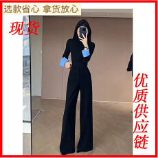 批发早春独特超好看大女主气场通勤休闲黑色撞色<b class='q'>t</b><b class='q'>恤</b>内搭阔腿<b class='q'>裤</b><b class='q'>套装</b>女