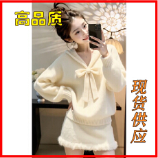 批发小个子秋冬温柔风套装女蝴蝶结甜美减龄超好看针织毛衣短裙两件套