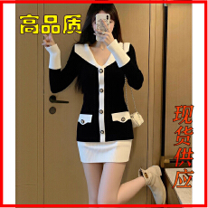 批发韩国小香风新年红色翻领针织连衣裙子女秋冬新款名媛气质包臀短裙