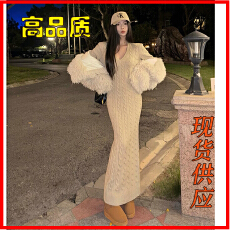 批发韩国早春复古港风麻花纹v领包臀裙内搭显瘦时尚OL毛衣针织连衣裙