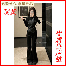 批发pu皮拼接<b class='q'>假两件</b>设计感长袖T恤女秋冬显瘦时尚打底衫上衣＋裤套装
