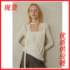 批发someone sometimes原创垂褶交叠网纱假两件丝绒挂脖羊毛针织上衣