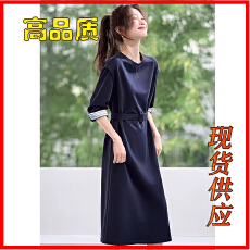 批发2026年春新款圆领袖口拼接条纹收腰系带OL风长款连衣裙女