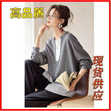 批发上衣26春新款简约通勤U领拼接撞色落肩宽松显瘦套头<b class='q'>卫衣</b>