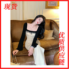 批发凌茜恣禾 白夜<b class='q'>蔷薇</b>'法式撞色针织连衣裙女冬装露背千<b class='q'>金</b>穿搭长裙