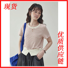 批发<b class='q'>甜美</b>红条纹收腰短款t恤女夏季新款开叉短袖上衣