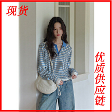 批发1313撞色polo翻领蓝白条套头羊毛针织衫2025女秋层次感宽松薄毛衣