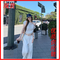Tongiiuu 私服日常 斜领露肩短袖T恤女宽松直筒休闲阔腿裤套装夏