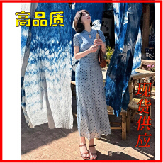 批发新中式国风蕾英俊松涧照复古波点<b class='q'>改良</b><b class='q'>旗袍</b>裙夏收腰水滴领长裙