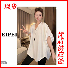 批发<b class='q'>中袖</b>V领不规则裁剪设计时尚休闲简约宽松春夏五分袖T恤<b class='q'>上衣</b>女