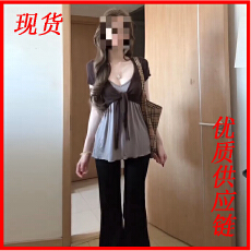 批发辣妹咖色绑带v领短袖针织开衫女夏季<b class='q'>套装</b>内搭吊带背心上衣两件套