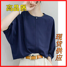 批发2026夏季宽松上衣大家闺秀新中式圆领暗门襟墨蓝珍珠扣半袖衬衫女