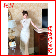 批发酒午自制缎面提花<b class='q'>旗袍</b>裙女夏新款复古国风新中式短袖连衣裙中长款