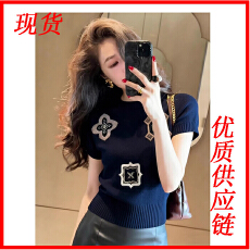 高级感蓝色印花圆领短袖T恤女2026夏季绝美巨好看韩系高级感上衣