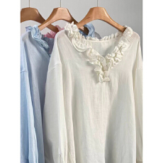 批发BOLUO 慵懒自在100%亚麻木耳边<b class='q'>衬衫</b>女设计感系带长袖上衣甜美小衫