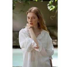 批发法式浪漫/慵懒自在100%亚麻手工木耳边V领绑带<b class='q'>衬衫</b>