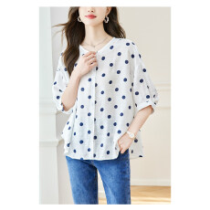 批发2026夏季新款波点七分袖雪纺<b class='q'>衬衫</b>女圆领宽松<b class='q'>衬衣</b>前短后长中袖上衣
