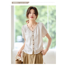 批发2026夏季新款法式V领气质棉麻短袖<b class='q'>t</b><b class='q'>恤</b>女设计感超好看抽绳棉麻<b class='q'>衬衫</b>