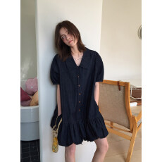 批发Letm denim牛仔水洗大<b class='q'>翻领</b>浪漫肌理感系带复古花苞短袖<b class='q'>连衣裙</b>女