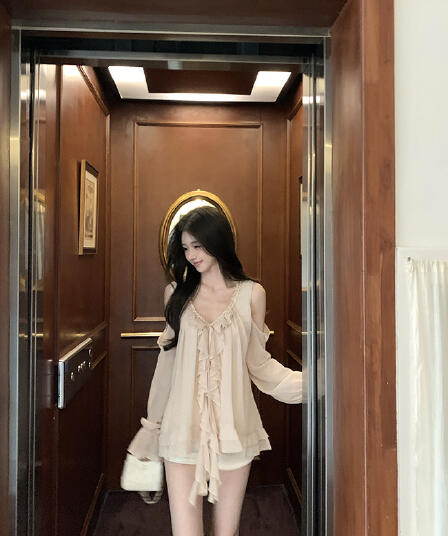 famouswang 봄 새로운 따뜻한 비취 프릴 쉬폰 부드러운 바람 오프숄더 긴팔 쉬폰 블라우스 맨위