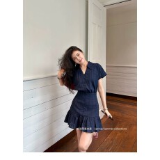 批发张阿星蓝调笔记藏青色miu系立体<b class='q'>提花</b>少女感减龄法式收腰<b class='q'>连衣裙</b>