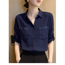批发藏蓝色<b class='q'>职业</b>通勤上衣女装夏季2026年新款干练复古减龄短袖衬衫优雅