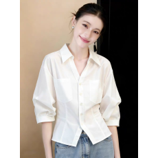 批发白色收腰衬衫女2026年夏装新款高级通勤<b class='q'>职业</b>感减龄法式泡泡袖上衣