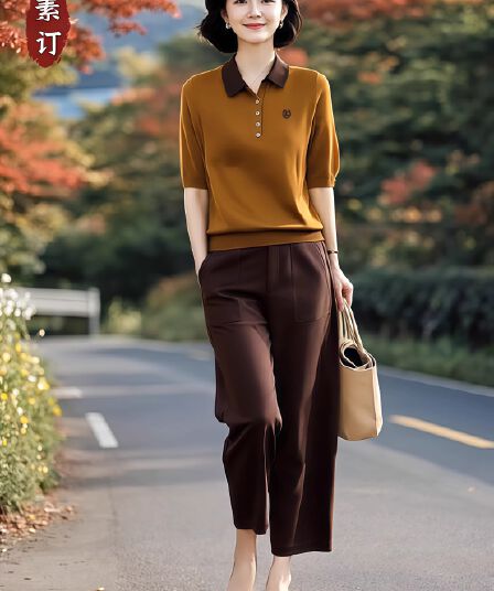 프라임 주문 여성 의류 오리지널 브랜드 플래그십 스토어 다용도 패션 폴로 칼라 반팔 니트 스웨터 캐주얼 바지 투피스 세트 봄