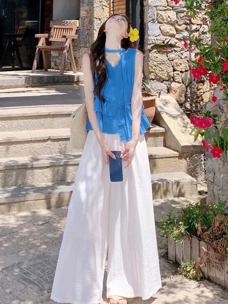 불규칙 프릴 달콤함 민소매 셔츠 넓은 다리 캐주얼 긴 바지 여성 2025 여름 새로운 패션 세트 트렌디