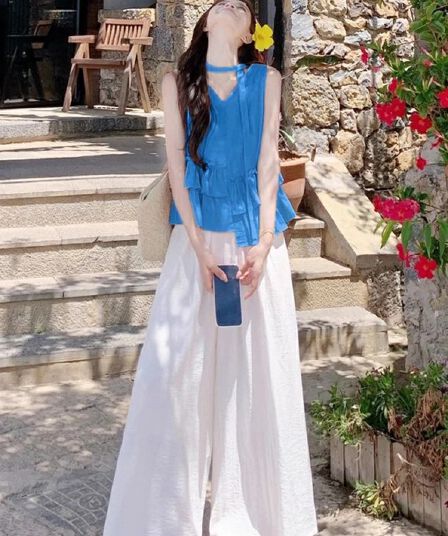 불규칙 프릴 달콤함 민소매 셔츠 넓은 다리 캐주얼 긴 바지 여성 2025 여름 새로운 패션 세트 트렌디