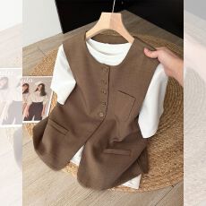 批发棕色西装马甲女2026春新款复古无袖叠穿背心设计感小众坎肩外套